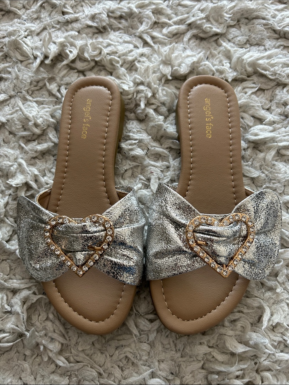 Silver Heart-Embellished Slide Sandals for Girls